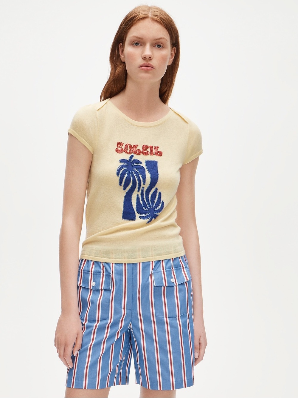NWT J. Crew Pale Yellow Tee with Blue Palm Graphic and Red 'Soleil' Text